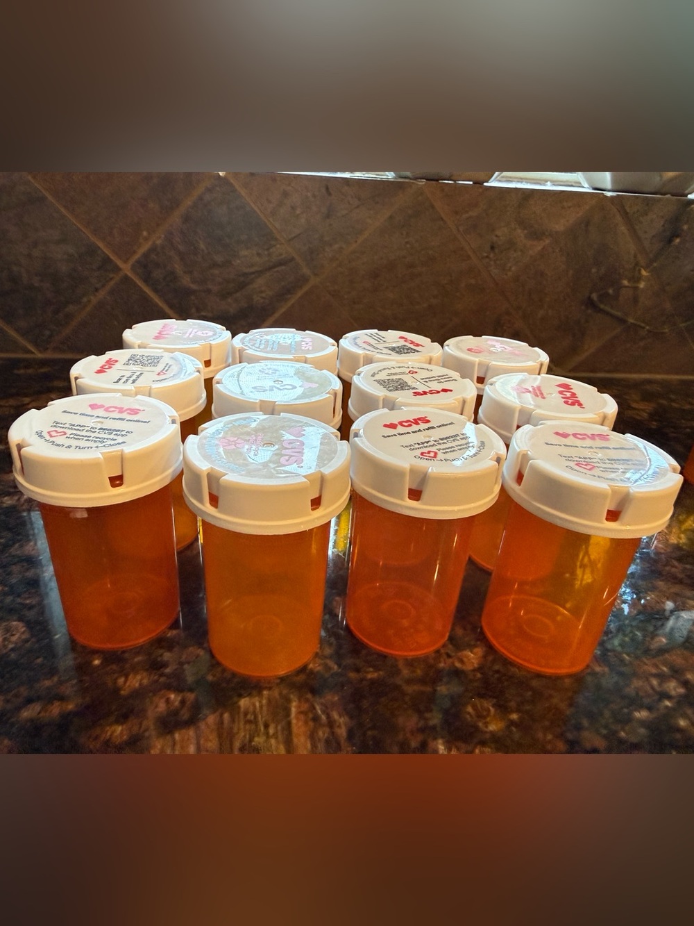 Lot of 12 Empty CVS Amber Prescription Pill Bottles with White Childproof Caps
